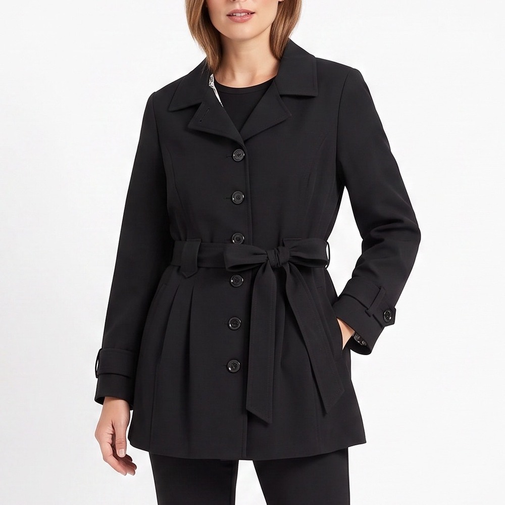 Notations Jacket Womens 2X Belted Trench Coat Black Button Front Excellent
